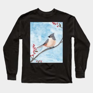 Tufted Titmouse with Holiday Berries Long Sleeve T-Shirt